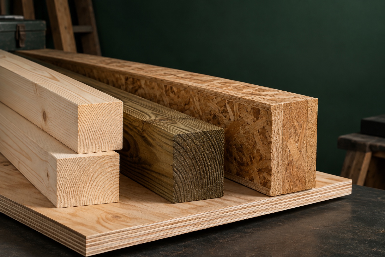 A curated arrangement of spruce, treated lumber, plywood and engineered wood